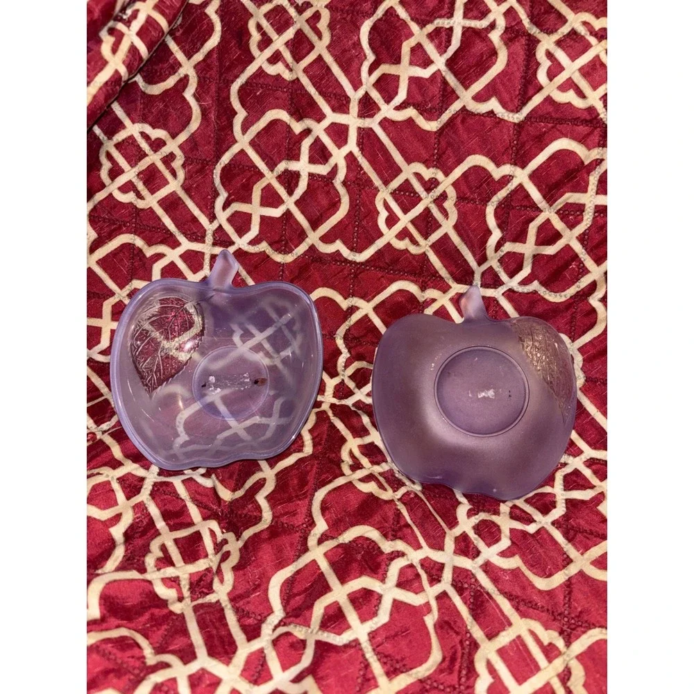 Purple Frosted Glass Apple Shaped Bowls Set of 2 Leaf Detail Satin Finish 5in